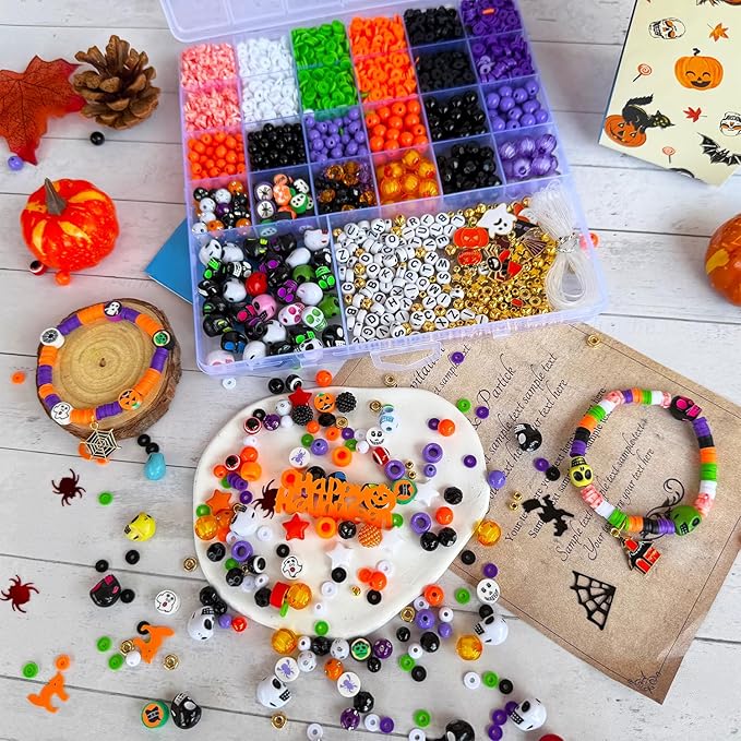 3140Pcs Halloween Beads for Bracelet Jewelry Making Kit, Halloween Clay Beads Black White Orange Purple Pumpkin Round Letter Star Skull Bead Bulk with Ghost Witch Hat Charm for DIY Craft Earring