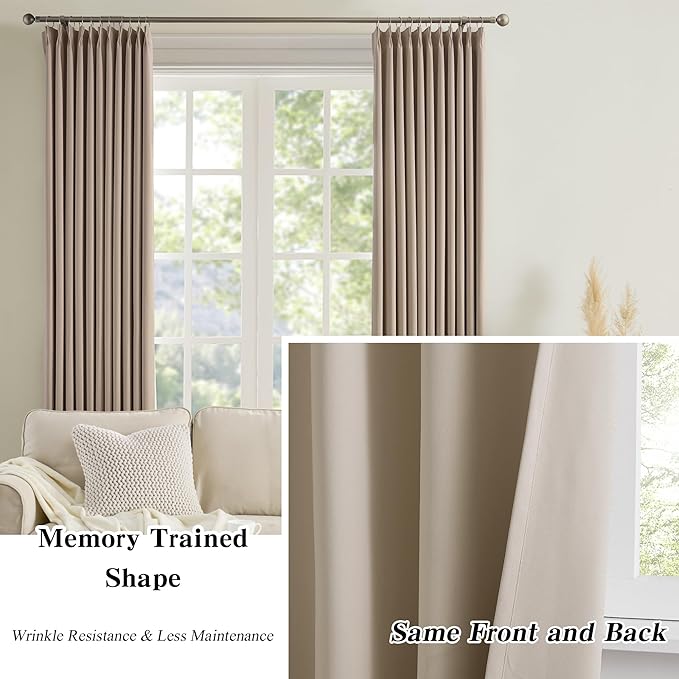 Pinch Pleated Patio Sliding Door Curtains 84 Inch Length, Blackout Room Divider Vertical Blinds Curtain Drapes for Living Room Dining Room French Door(Khaki, 100 Inch Wide per Panel, 2 Panels)