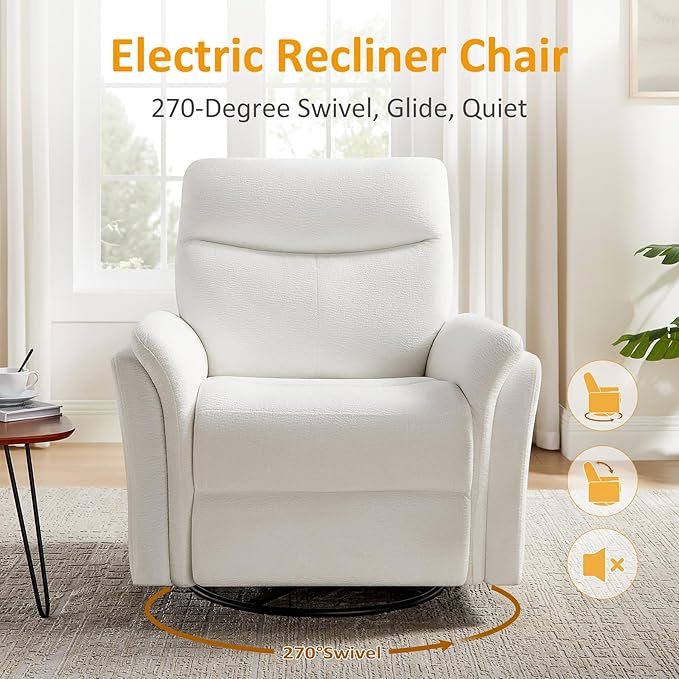 Power Recliner Chair Swivel Glider, Electric Rocking Recliner Chairs with USB and Type-C Ports, Nursery Chair Recliner for Living Room, Bedroom, Apartment（White）