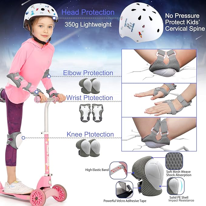 Kids Bike Helmet with DIY Stickers and Knee Pads Elbow Pads Wrist Guard Set for Ages 3-8-14 Toddler Boys Girls Helmet for Roller Skates Cycling Skateboarding Bicycle Scooter