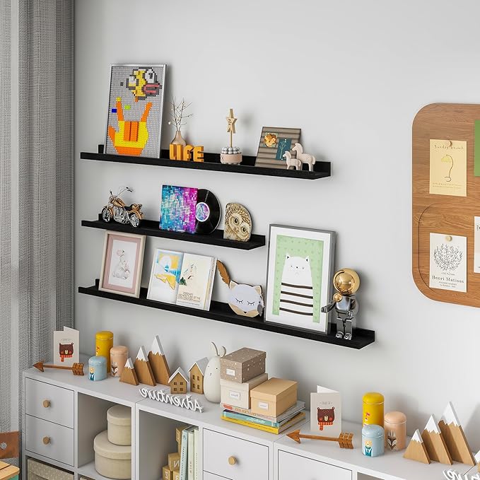 Picture Ledge Shelf, 72 inch Solid Ash Wood Floating Shelves Set of 2, Picture Ledge Ledge Wall Mounted for Living Room Kids' Room Bedroom, Color Black
