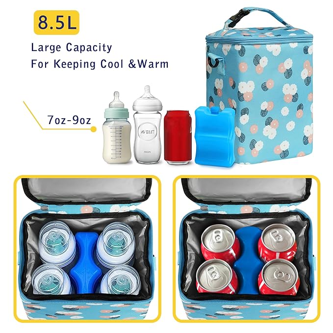 Breast Milk Cooler Bag with Ice Pack - Fits 4 Bottles Up to 9 Oz - Insulated Bag for Nursing Moms, Daycare, Travel