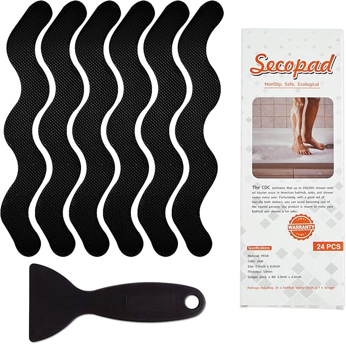 Patented Anti Slip Shower Stickers 24 PCS Safety Bathtub Strips Adhesive Decals with Premium Scraper for Bath Tub Shower Stairs Ladders Boats (Black)