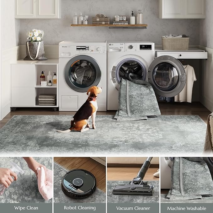 jinchan Washable Area Rug 6x9 for Living Room - Soft Faux Wool Ultra-Thin Stain Resistant Non-Slip Distressed Vintage Floral Rug Large Carpet for Bedroom,Dining Room,Home Office,Nursery(Grey, 6'x9')