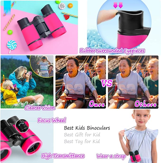 Kids Binoculars Best Gifts for 3-12 Years Boys Girls High-Resolution Optics Shockproof Mini Compact Binocuolar Toys Folding Small Telescope for Bird Watching Camping Outdoor Play