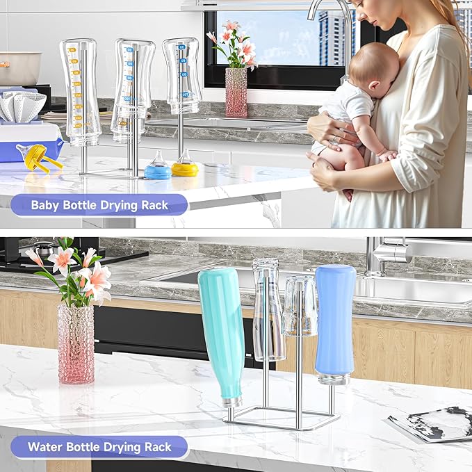 Water Bottle Drying Rack Reusable Bottle Rack Dryer Kitchen Stand Holder Stainless Steels Countertop Baby Bottle Drying Rack Water Cup Drying Rack for Plastic Bags, Bottles and Cups Silver