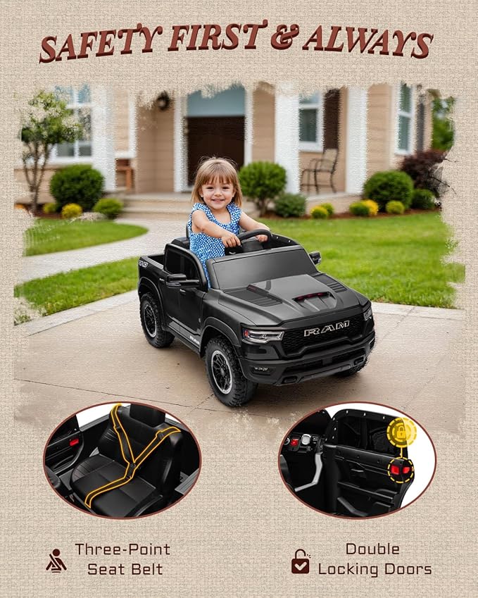 12V Licensed Ram 1500 Ride on Toy for Kids, Toddler Ride on Pickup Truck with Parent Remote Control, Electric Car for Kids with Truck Bed Storage, 3 Point Safety Belt (Black)