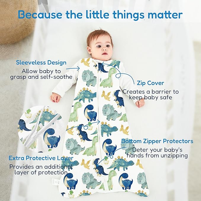 TotAha Dino Sleep Sack 0-6 months 3 Pack, Buttery Soft, Safe Wearable Blanket Baby Sleeping Bag with 2-way Zipper for Girl Boy, 0.5 TOG