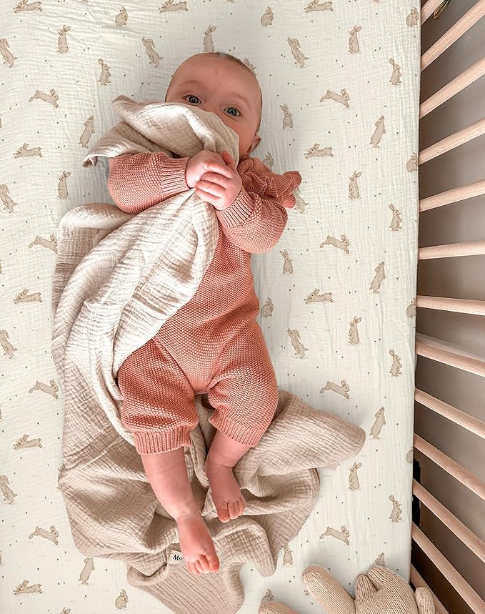 Muslin Bedside Bassinet Sheets 2 Pack, 33x20 Fitted Ultra Soft & Breathable Bedside Sleeper Sheets, Ideal for Baby Girl and Boy, Perfect for Newborns (Hopping Bunnies & Beige)
