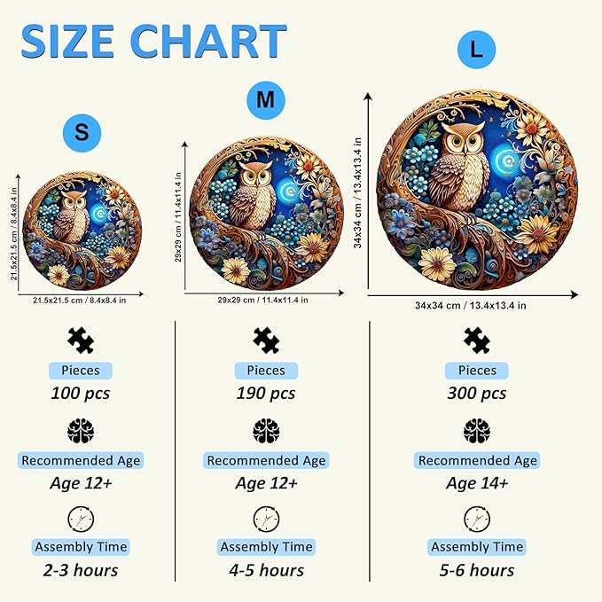masseruon Wooden Puzzle for Adults-Moonlight Owl, Unique Shaped Jigsaw Puzzles(S, 100pieces, 8.4x8.4in), Beautiful Animal Owl Jigsaw Wood Puzzles Adult, Family Puzzle Game Christmas Birthday Gift