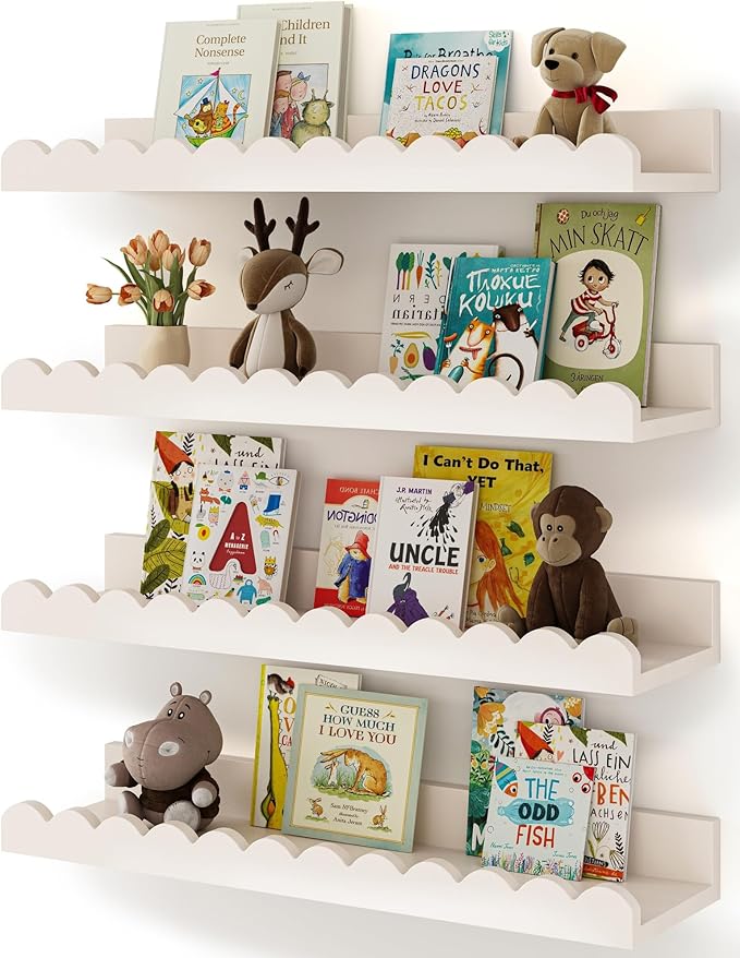 Nursery Book Shelves, 4-Pack White Floating Shelves for Wall Kids, Scalloped Shelves, Wall Book Shelves for Bedroom Kids, Toddler Room, Baby Room, Nursery Decor