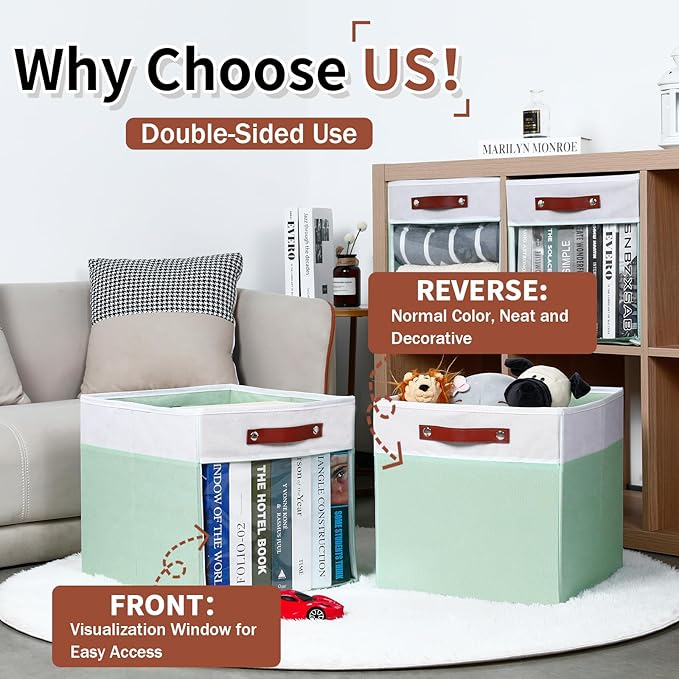 HNZIGE 13x15x13 Cube Storage Bins, 4 Pack Fabric Clear Organizer With Window, Large Collapsible Shelf Bins for Closet, Toy, Clothes - White Green