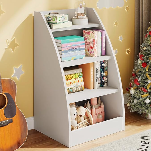 Kids Bookshelf and Toy Organizer,4 Tier Kids Book Shelf for Kids Rooms,Wood Children Bookcase,Baby Storage Book Rack,Toddler Bookshelf,Toy Storage Organizer,Book Display Shelf for Playroom, Nursery
