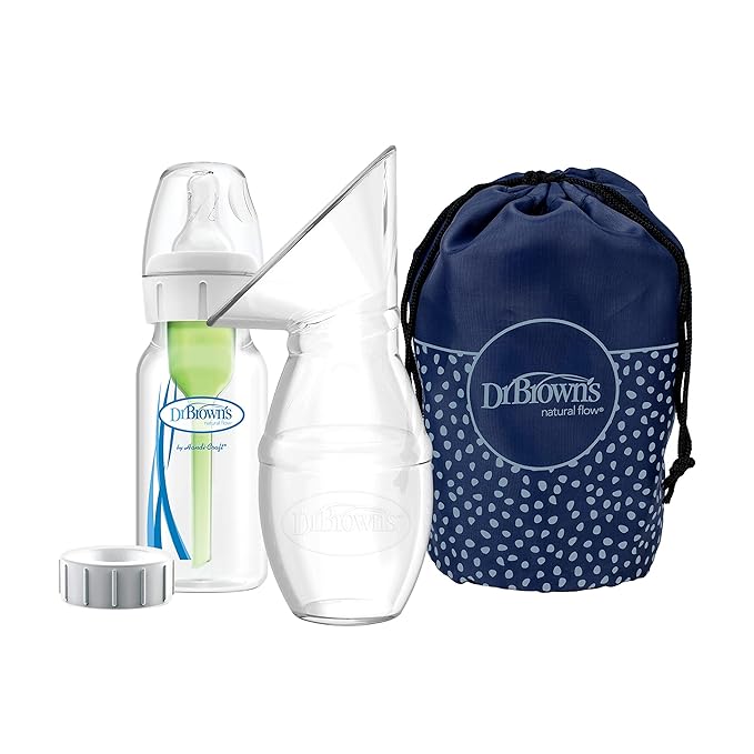 Dr. Brown's 100% Silicone One-Piece Breast Pump,Hands-Free Breast Milk Collector with Anti-Colic Options+ Baby Bottle (4 oz/120 mL),Level 1 Nipple,Travel Lid and Travel Bag