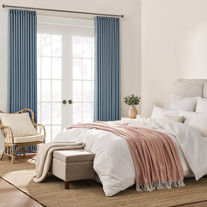 KEQIAOSUOCAI Dusty Blue Pleat Wide Width Drapes 80 x 63 inch Long 2 Panels - Thermal Insulated Room Divider Curtains for Bedroom/Living Room/Patio, Pinch Pleated Curtain Panel with Hooks