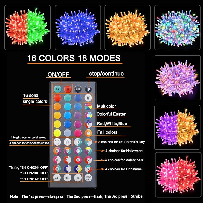 Obrecis Color Changing String Lights, 66FT 200 LED 34 Colors Colorful Christmas Lights Multicolor Plug in Waterproof Twinkle Lights Halloween String Lights Connectable for Indoor Outdoor Party Decor