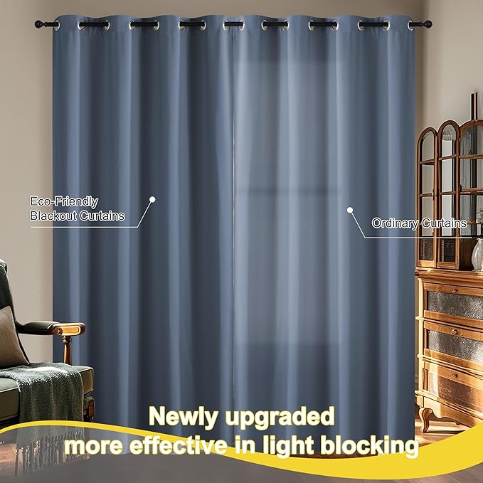 NICETOWN Bedroom Curtains 63 Inches Length, 100% Blackout Drapes Thermal Insulated with Grommet for Living Room Office Privacy Darkening Curtain, 2 Panels, 42 x 63 Inch, Stone Blue