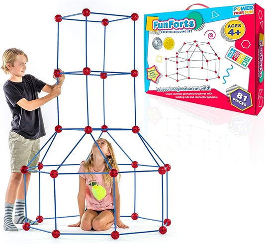 Power Your Fun Fun Forts Kids Tent - 81 Pack Fort Building STEM Toys Kit, Construction Toys Play Tent Indoor and Outdoor Playhouse for Kids with 53 Rods and 28 Spheres (Red, Blue)