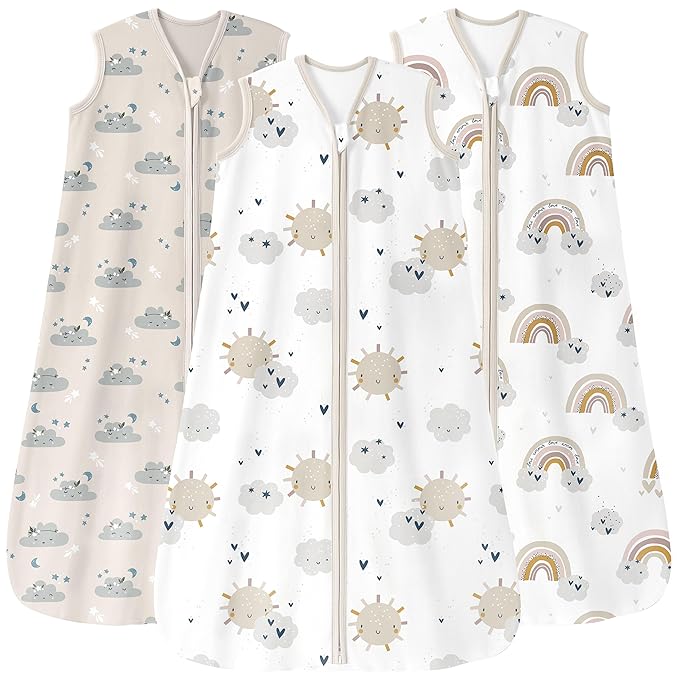 Baby Sleep Sack 12-18 Months 0.5 Tog Wearable Blanket Baby, 3 Pack 100% Cotton Lightweight Sleeping Sack with 2-Way Zipper for Infant Toddler Apricot White Sun Clouds