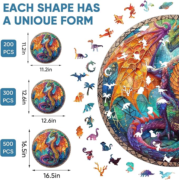 Wooden Puzzles for Adults, Dragon Puzzle Color Challenge Jigsaw Puzzles 200 Piece (Medium,10.9x11.5 in) Thickened Unique Shapes Family Reunion Puzzle, Best Gift for Adults and Kids