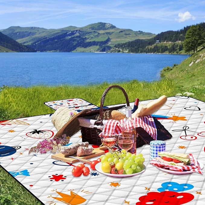 Poedist Extra Large Picnic Blanket Waterproof,80"x 80"Foldable Machine Washable Beach Blanket,Outdoor Blanket for 6-8 Adults,Suitable for Indoor Crawling,Park Beach,Camping,Hiking,Family Travel(Cute)