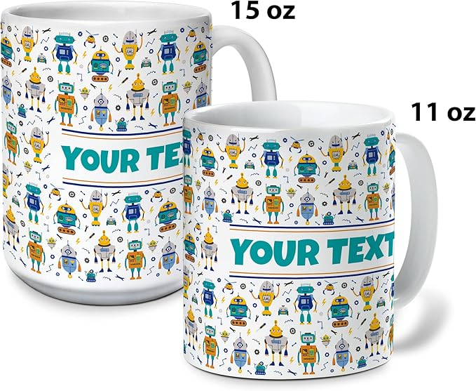 Personalized Mug for Kids - Robots - Custom Name/Text, Ceramic Hot Chocolate/Cocoa/Coffee Cup for Boys, Birthday/Christmas/Holiday Gift - 15 oz, Red Handle