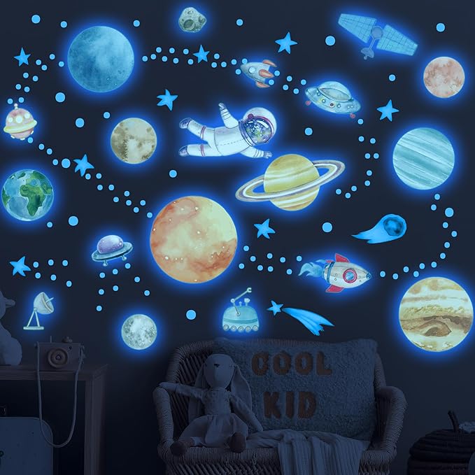 Watercolor Solar System Wall Decals, Glow in The Dark Stars, Kids Planets Sticker for Ceiling, Astronaut Wall Stickers for Bedroom（Blue）