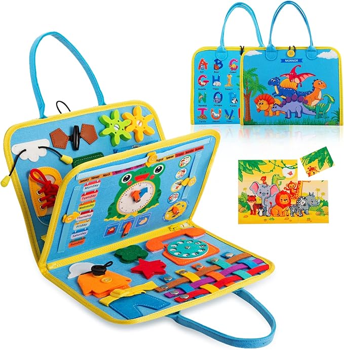 MORNOR Busy Board for Toddlers 1-4, Sensory Activity Board for Learning, Travel Toys, Montessori Toys for Fine Motor Skills, Gift for Boys & Girls (Blue)