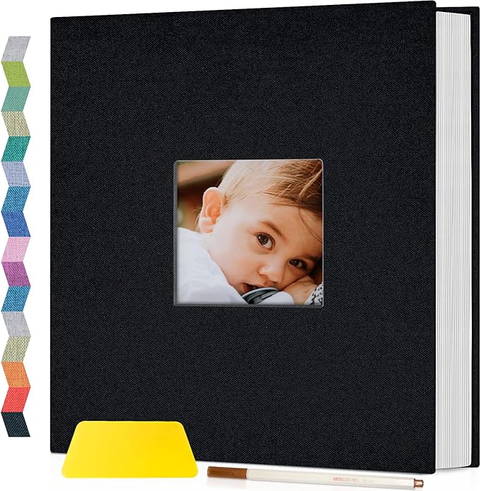 popotop Photo Album Self Adhesive with Picture Display Window,40 Pages DIY Scrapbooking Supplies Kit for 4x6 10x12 Picture,Linen Cover Memory Book for Baby Wedding, with Scraper and Metallic Pen