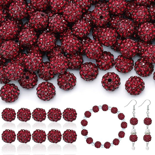 200pcs 10mm Rhinestone Beads for Jewelry Making, Dark Red Shiny Round Disco Ball Beads Bulk, Sparkle Crystal Clay Christmas for Bracelet Baseball Necklace Earring Crafting and DIY