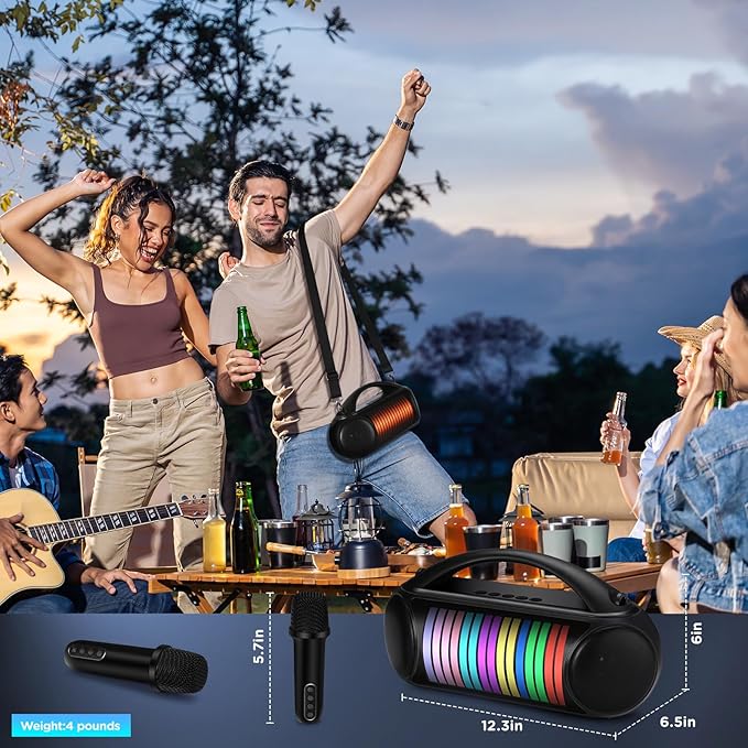 Karaoke Machine Portable Bluetooth Speaker with 2 Wireless Microphones Rechargeable Karaoke Machine for Kid and Adult Party PA Speaker Multiple LED Light Mode Support TWS/Radio/AUX/REC