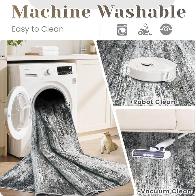 Washable Rug 8x10 Area Rugs for Living Room: Large Neutral Soft Rug Abstract Non Slip Low Pile Modern Carpet for Bedroom Kitchen Nursery Office Dining Room Indoor (Black, 8'x10')