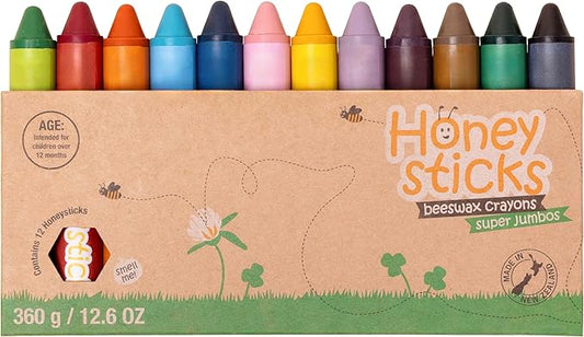 Honeysticks Super Jumbo Crayons (12 Pack) - Non Toxic Crayons for Kids - 100% Pure Beeswax and Food Grade Colors - For Toddlers 1-3, Unbreakable, Extra Large, Easy to Hold and Use, Eco-Friendly