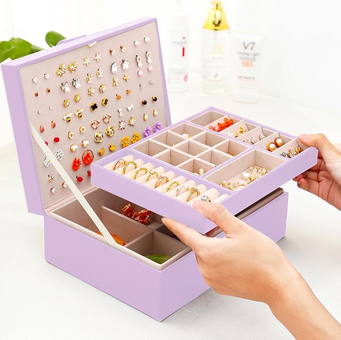 Girls Jewelry Box Earring Holder Organizer for Girls Earring Organizer Teen Jewelry Box Organizer for Girls Purple jewelry Boxes for Earrings Necklaces Rings Stud Earrings Box Organizers Teens
