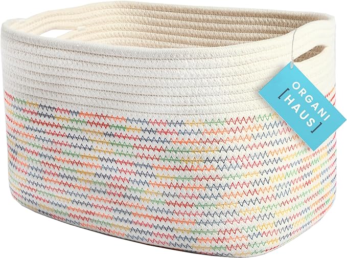 OrganiHaus Woven Storage Basket, Nursery Storage Basket, Towel Basket for Bathroom, Cotton Rope Basket for Storage, Decorative Storage Baskets, Woven Baskets for Storage, Rainbow Book Basket
