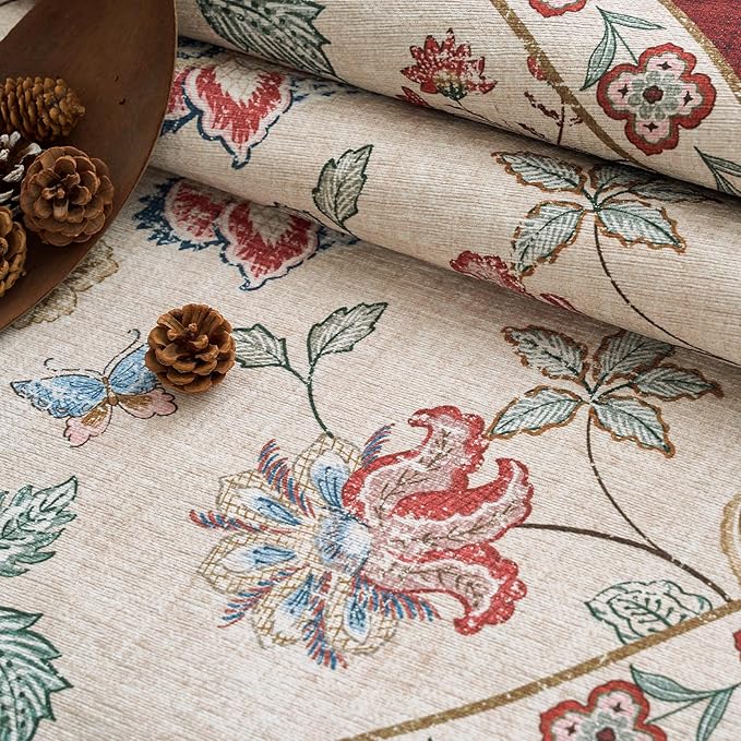 jinchan 3x10 Floral Runner Rug for Hallway Washable Kitchen Runner Vintage Romance Design Non Slip Thin Indoor Floor Cover Low-Profile Throw Carpet for Entryway Bathroom Bedroom Porch, Red/Beige