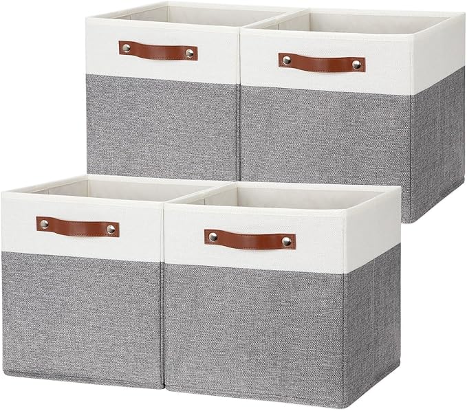 HNZIGE Fabric Storage Cubes 12x12 Cube Storage Bins, Set of 4, Decorative Cube Organizers Bins for Shelves with Handles,Foldable Bins for Cube Organizer Home Toy Nursery Closet(White Gray)