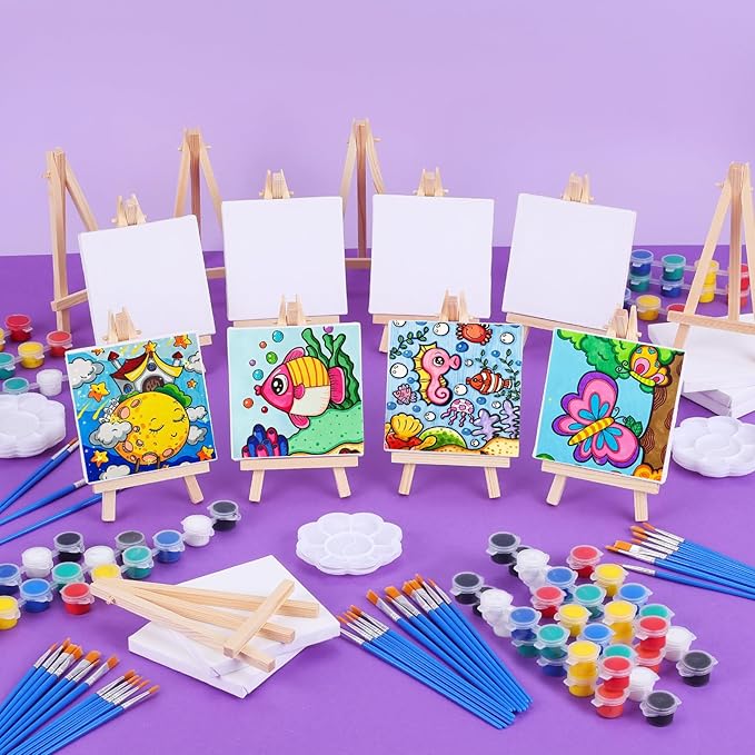 ESRICH 30Pack Mini Acrylic Paint Kit,Canvas Painting Kit,4inStretched Canva with6in Easel,Acrylic Paint Strips,Palettes,Painting Brushes,Canva and Easel Set for Kids Artists Beginner,Gift