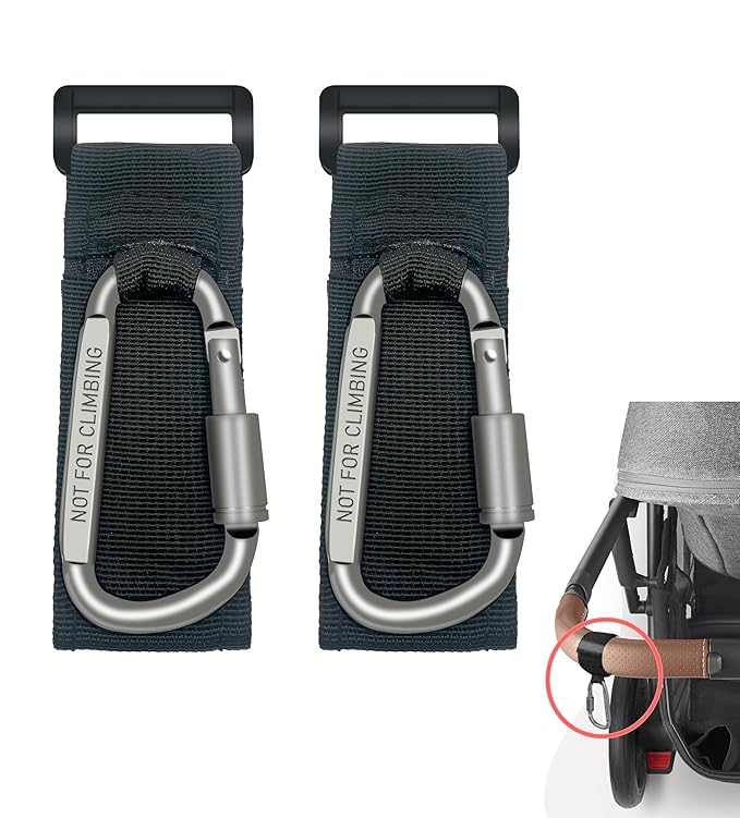 2 Pcs Baby Stroller Hook with Locking Mechanism, Carry 30 lbs per Stroller Carabiner Clip, Adjustable Baby Stroller & Car Seat Hook for Hanging Diaper Bag, Golf, Shopping and Pet Cart