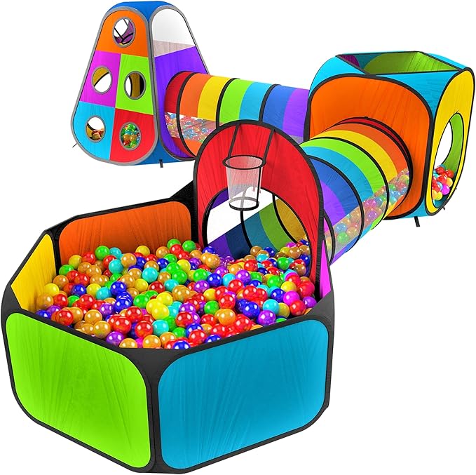 Playz 5pc Kids' Play Tents & Tunnels - Ball Pit for Toddlers, Basketball Hoop, Crawling Tubes, Pop-Up Playhouses, Baby Obstacle Course for Indoor or Outdoor Use