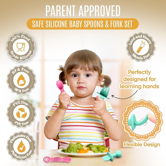 4pc Silicone Baby Spoons Self Feeding Baby Utensils 6-12 Months - 3 Baby Spoon - 1 Baby Fork - Toddler Cutlery Set - BPA Free, Dishwasher Safe - Baby Eating Essentials (Pink/Blue)