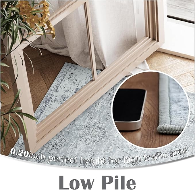 jinchan Runner Rug 2x6 Washable Hallway Runner - Vintage Floral Non Slip Low-Pile Soft Thin Kitchen Rug Distressed Carpet for Farmhouse Bedroom Entryway Laundry Room(2x6ft,Grey)