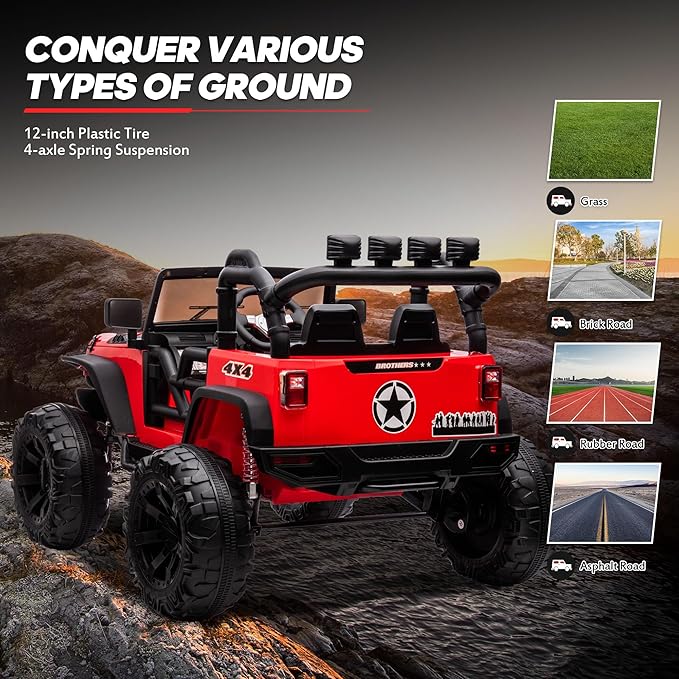 24V 9Ah Ride on Toy for Big Kids, 4x4 2 Seater Ride on Car Truck w/Remote Control, 4x200W Motors - Bright Red