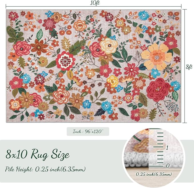 8x10 Area Rug for Living Room: Vintage Floral Washable Rug Soft Boho Non Slip Carpet Large Indoor Floor Non Shedding Low Pile Thin Carpets for Bedroom Dining Room Farmhouse Nursery Home Office Beige