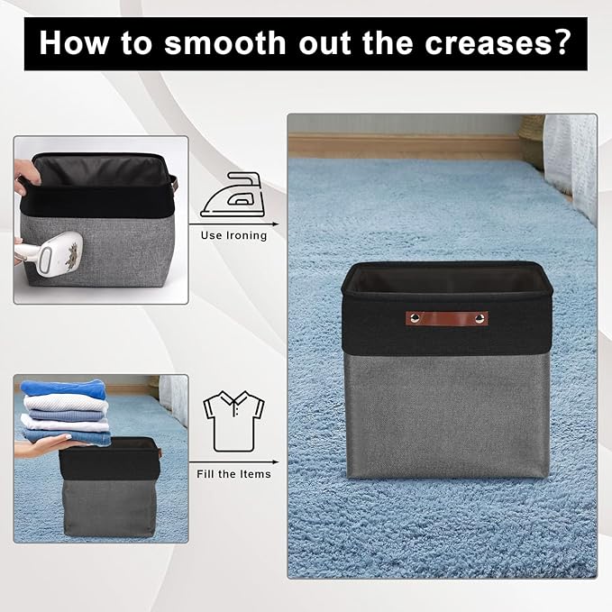 13x13 Cube Storage Bins, Collapsible Fabric Storage Box, 4 Pack Closet Baskets with Handles for Organizing, Shelf, Toys, Clothes, Home, Office, Nursery (Grey&Black)