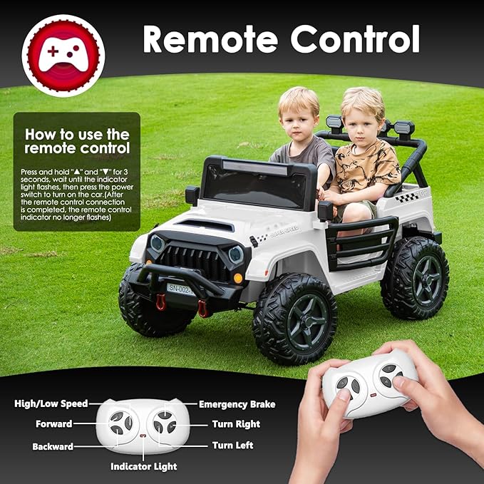 24V 2 Seater Ride On Truck with Remote Control 4WD Electric Car for Kids Ride On Car Battery Powered Ride On Toy Car with Music Player, LED Lights, Bluetooth, Rear Shock Absorber, White