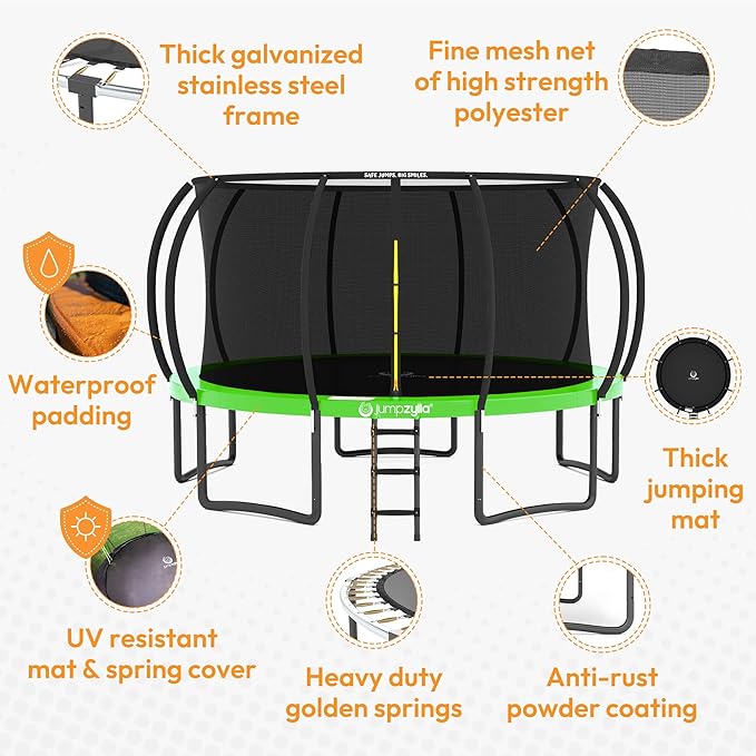 JUMPZYLLA Trampoline Outdoor 8FT 10FT 12FT 14FT 15FT 16FT with Enclosure and Ladder, ASTM Approved Recreational Trampoline for Kids and Adults, Anti-Rust Coated Frame