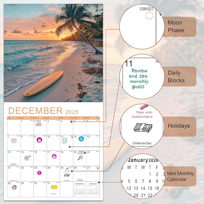 Gannyfer Calendar 2025-2026, 18 Months Beaches Wall Calendar 2025-2026, Large Wall Calendars 12" x 24" Opened, Perfect as Gifts for Friends, Family