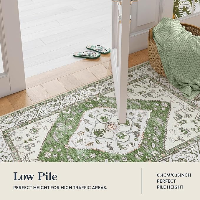 Lahome Boho Green Hallway Runner - 2x6 Washable Kitchen Runner Rug Non-Slip, Ultra-Thin Vintage Print Carpet Rug for Entryway Bedroom Laundry Room (Green, 2'x6')
