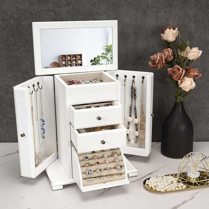 Jewelry Box for Women, Rustic Wooden Jewelry Boxes & Organizers with Mirror, 4 Layer Jewelry Organizer Box Display for Rings Earrings Necklaces Bracelets (Weathered White)